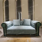 Luxury Light Lake Blue Velvet Chesterfield Sofa Set with Contrast Trim & Gold Stainless Steel Accents